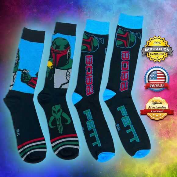 2-Pairs OFFICIAL Disney Star Wars Boba Fett Crew Socks MENS SHOE SIZE 6-12 - NWT - Picture 1 of 13